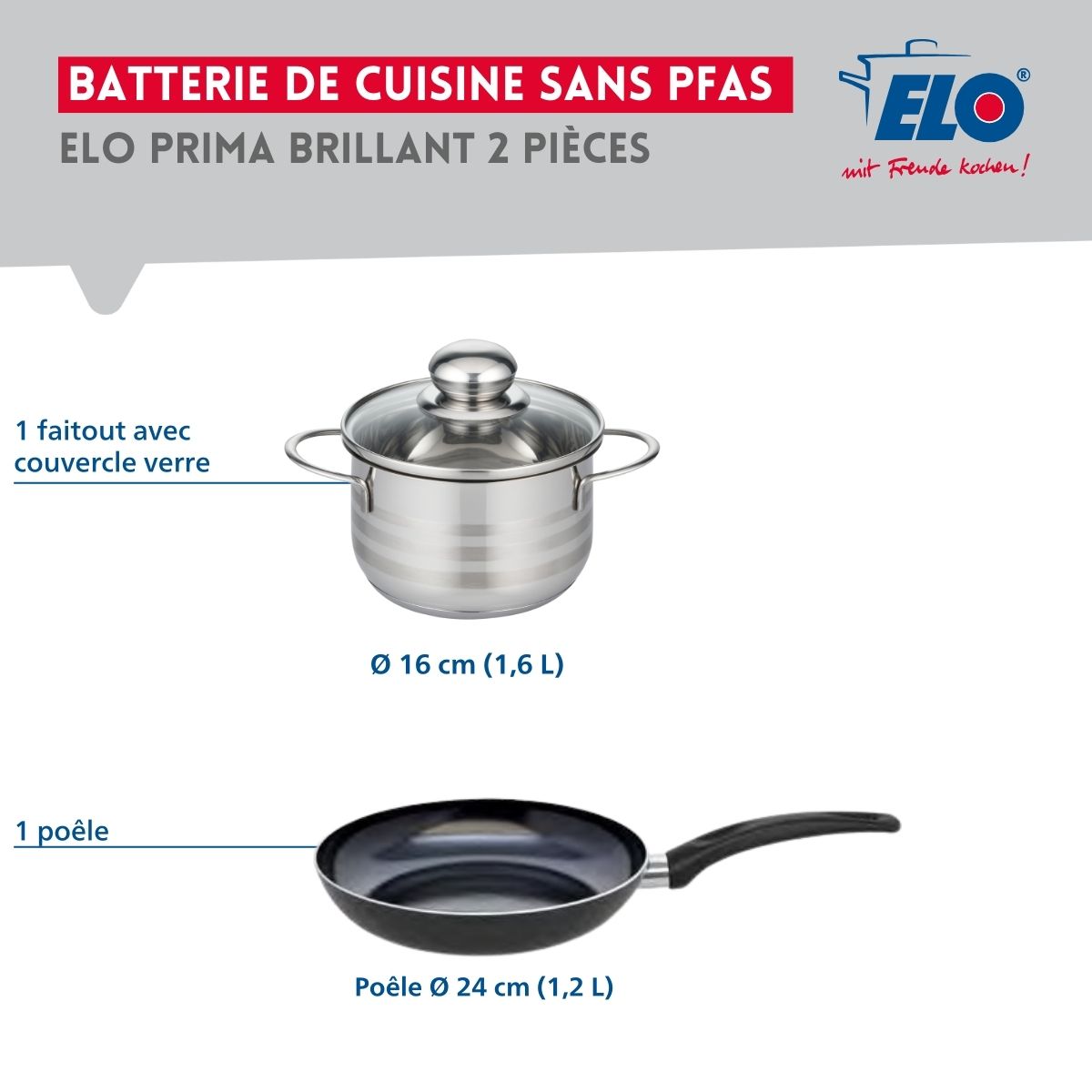 Ensemble de 1 Poêle de cuisson 24 cm et 1 faitout 16 cm  Prima Brillant Elo - Mathon - 2