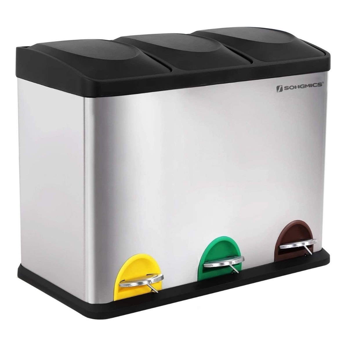 Poubelle de tri 3 bacs de 15L à pédale gris argenté Calicosy - Mathon - 1