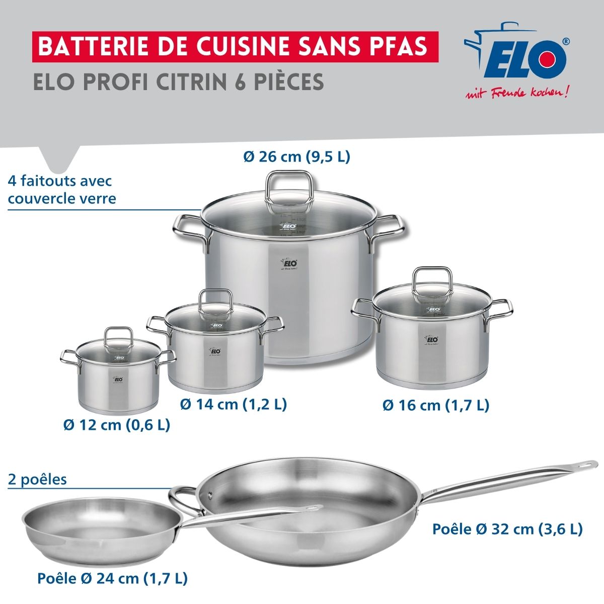 Ensemble de 2 Poêles de cuisson 24 et 32 cm et 4 faitouts 12, 14, 16 et 26 cm  Profi Citrin Elo - Mathon - 2
