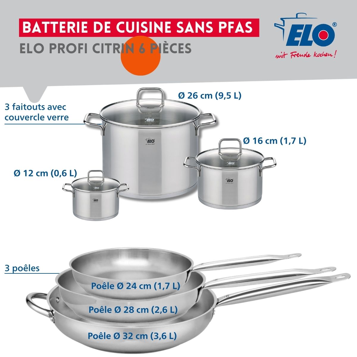 Ensemble de 3 Poêles de cuisson 24, 28 et 32 cm et 3 faitouts 12, 16 et 26 cm  Profi Citrin Elo - Mathon - 2