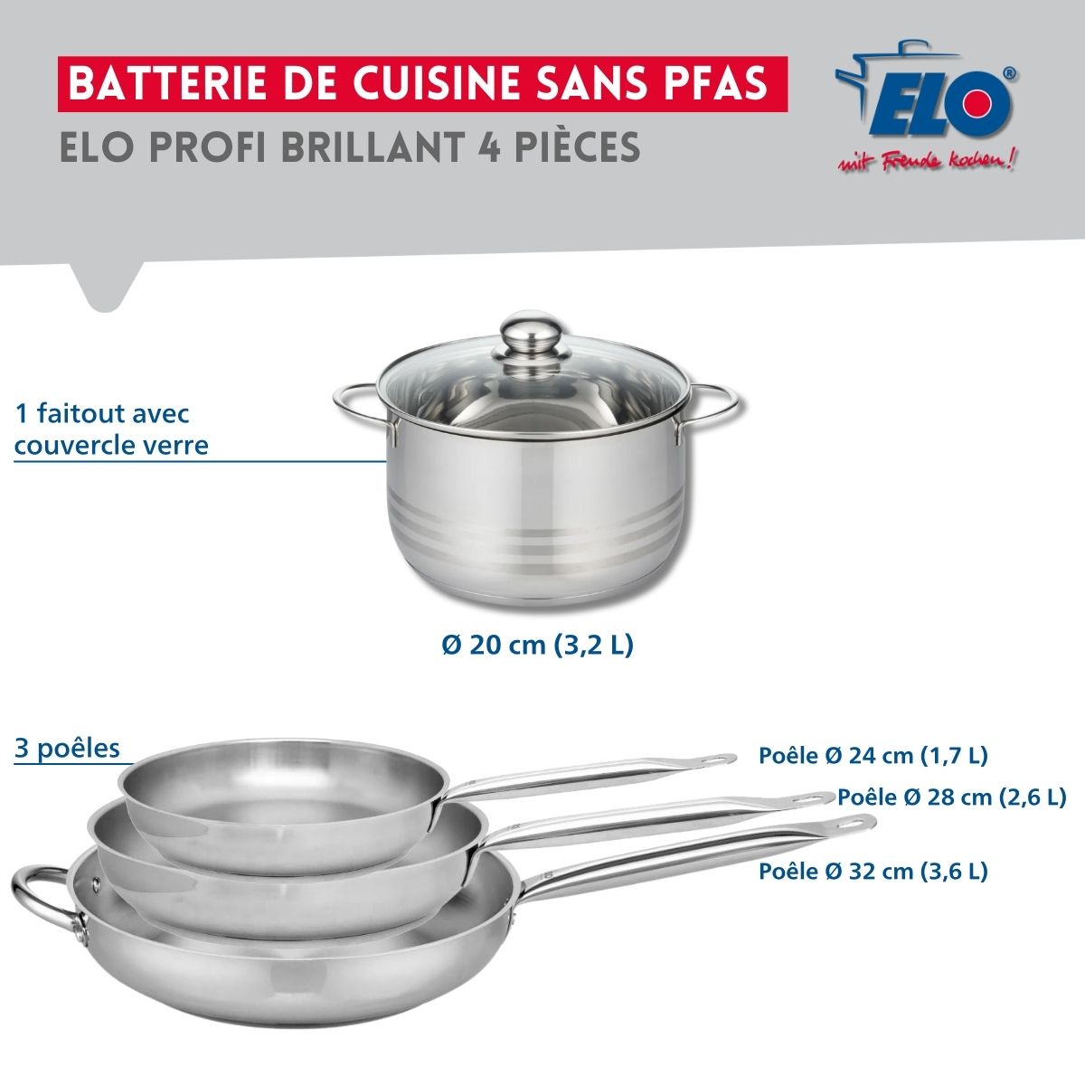 Ensemble de 3 Poêles de cuisson 24, 28 et 32 cm et 1 faitout 20 cm  Profi Brillant Elo - Mathon - 2