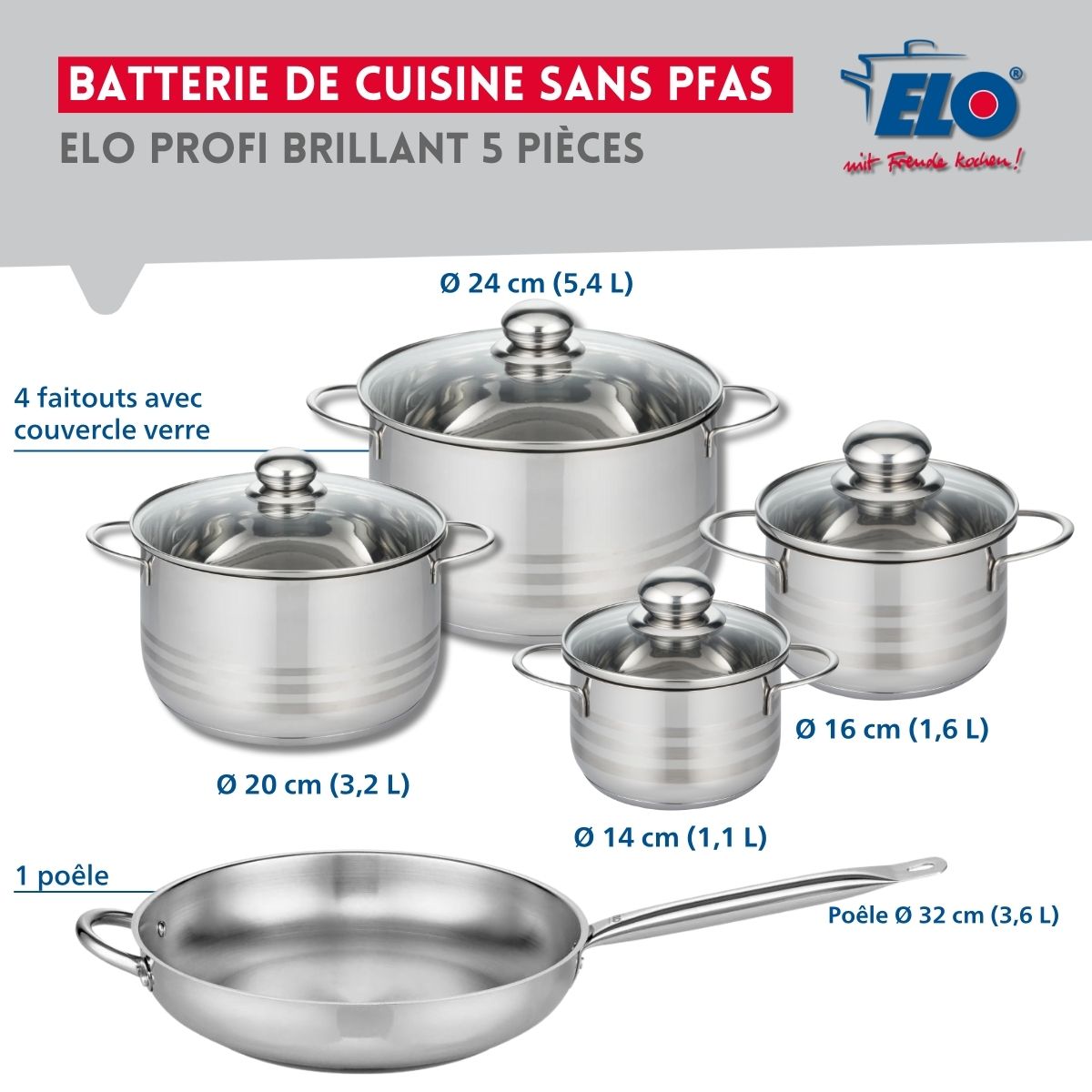 Ensemble de 1 Poêle de cuisson 32 cm et 4 faitouts 14, 16, 20 et 24 cm  Profi Brillant Elo - Mathon - 2