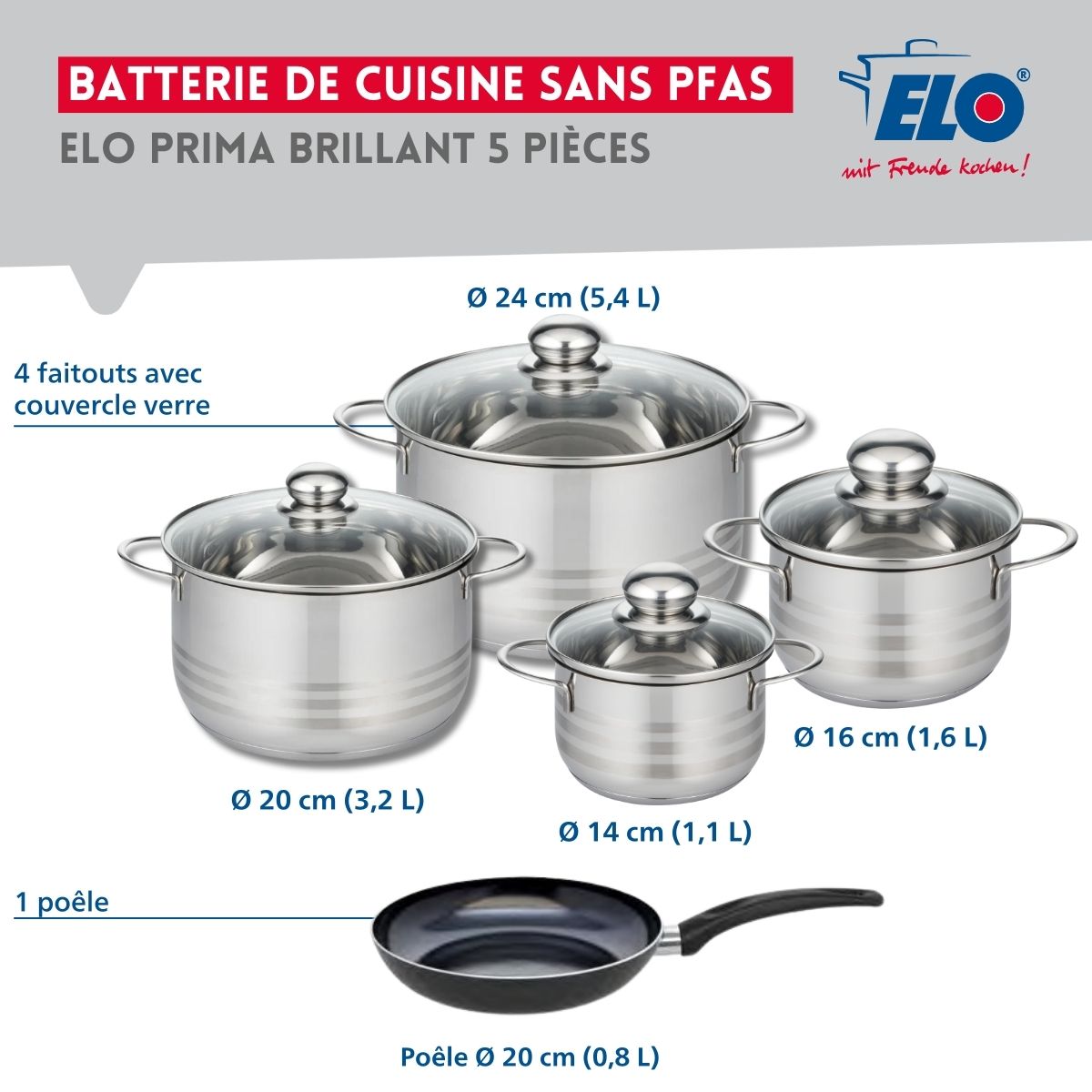 Ensemble de 1 Poêle de cuisson 20 cm et 4 faitouts 14, 16, 20 et 24 cm  Prima Brillant Elo - Mathon - 2