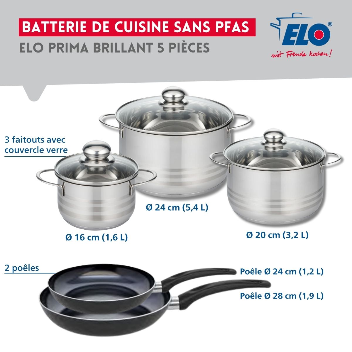 Ensemble de 2 Poêles de cuisson 24 et 28 cm et 3 faitouts 16, 20 et 24 cm  Prima Brillant Elo - Mathon - 2