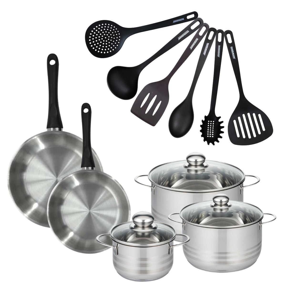 Set de 2 poêles 24 et 28 cm en inox, 3 faitouts inox 16, 20 et 24 cm et 6 ustensiles RPET  Geneva Fackelmann - Mathon - 1
