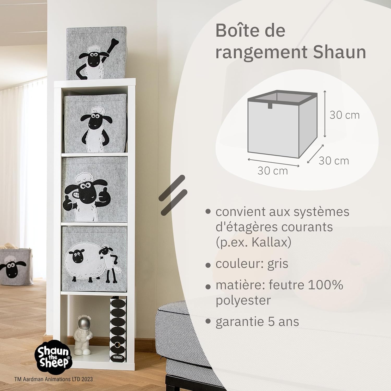 Boîte de rangement en feutre compatible Kallax Shaun poing levé Lifeney Shaun le mouton Fackelmann - Mathon - 3