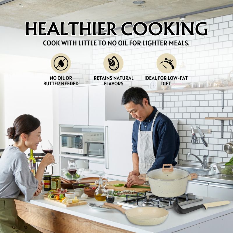 Batterie de cuisine 15 pièces avec revêtement en granit et manche en Bois Noir Herzberg beige HGWDBEJ15-BEI Herzberg - Mathon - 5