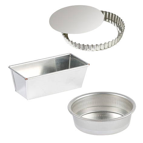 Lot moule à cake rectangulaire, moule rond 28 cm et tourtière 32 cm en fer blanc  Gobel - Mathon