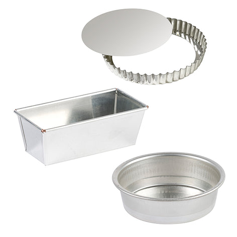 Lot moule à cake rectangulaire, moule rond 28 cm et tourtière 32 cm en fer blanc  Gobel - Mathon