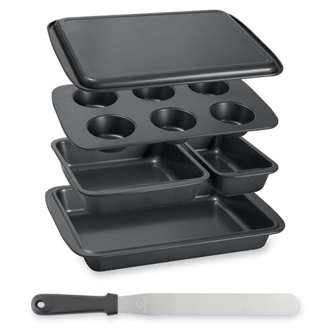 Lot de 5 moules à gâteau empilables en acier antiadhérent et d’un couteau à génoise spatule à glaçage Mathon - Mathon - 1
