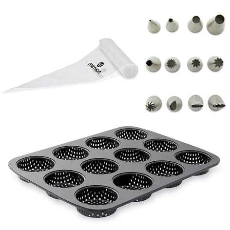Lot plaque 12 mignardises micro-perforée en acier antiadhérent 29 x 22 cm avec rouleau de 24 poches pâtissières jetables et coffret de 12 douilles inox Mathon - Mathon - 1