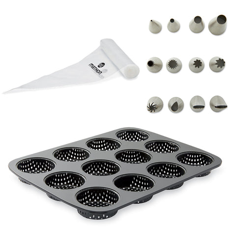 Lot plaque 12 mignardises micro-perforée en acier antiadhérent 29 x 22 cm avec rouleau de 24 poches pâtissières jetables et coffret de 12 douilles inox Mathon - Mathon - 1