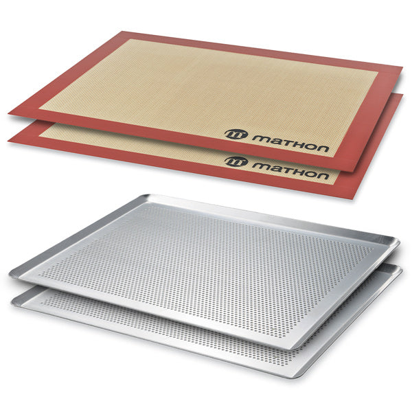 Lot 2 plaques à pâtisserie micro-perforée en aluminium et 2 tapis de cuisson en silicone et fibre de verre professionnels 40 cm Mathon - Mathon - 1