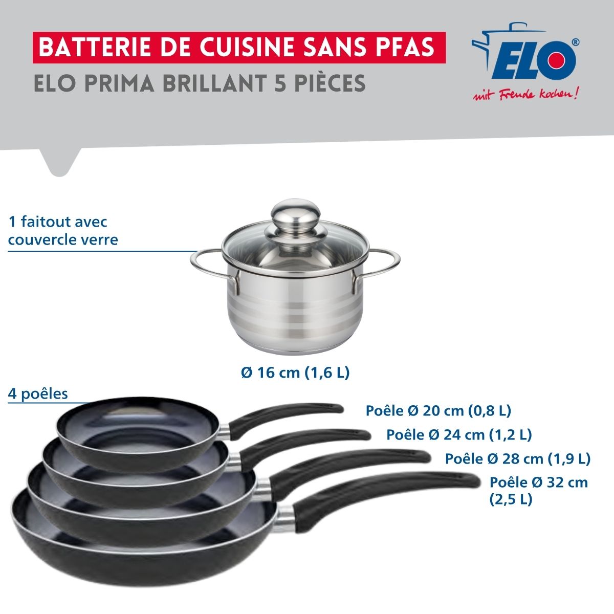Ensemble de 4 Poêles de cuisson 20, 24, 28 et 32 cm et 1 faitout 16 cm  Prima Brillant Elo - Mathon - 2