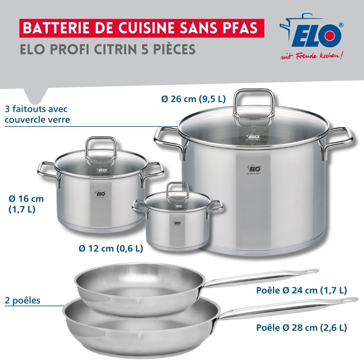 Ensemble de 2 Poêles de cuisson 24 et 28 cm et 3 faitouts 12, 16 et 26 cm  Profi Citrin Elo - Mathon - 2