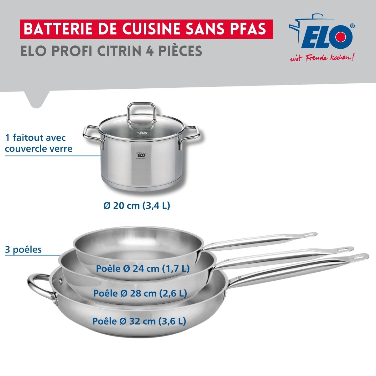 Ensemble de 3 Poêles de cuisson 24, 28 et 32 cm et 1 faitout 20 cm  Profi Citrin Elo - Mathon - 2