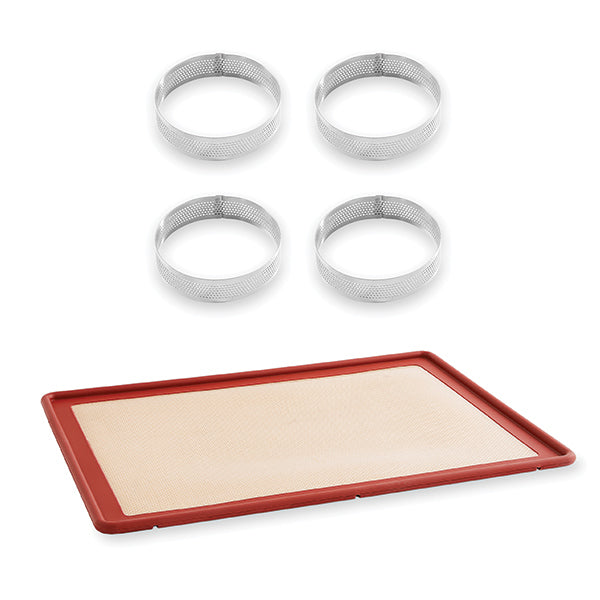 Lot tapis plaque de cuisson 39,7 x 29,5 cm et 4 cercles à tarte perforés 8 cm Mathon - Mathon - 1