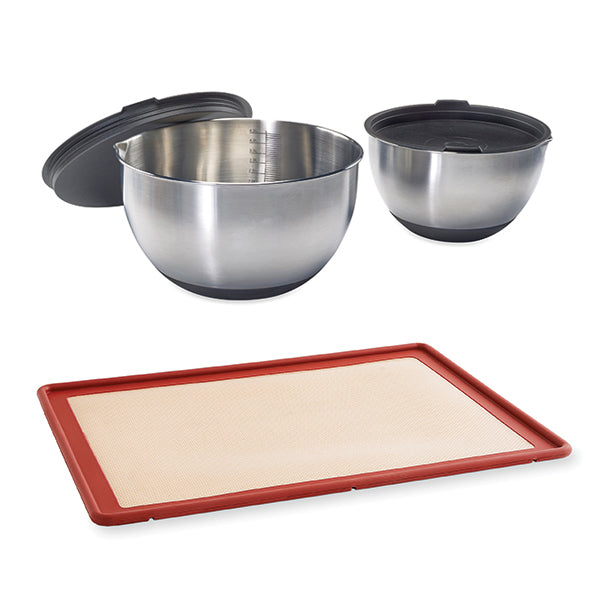Lot tapis plaque de cuisson 39,7 x 29,5 cm et 2 bols pâtissiers inox 20 et 24 cm Mathon - Mathon - 1