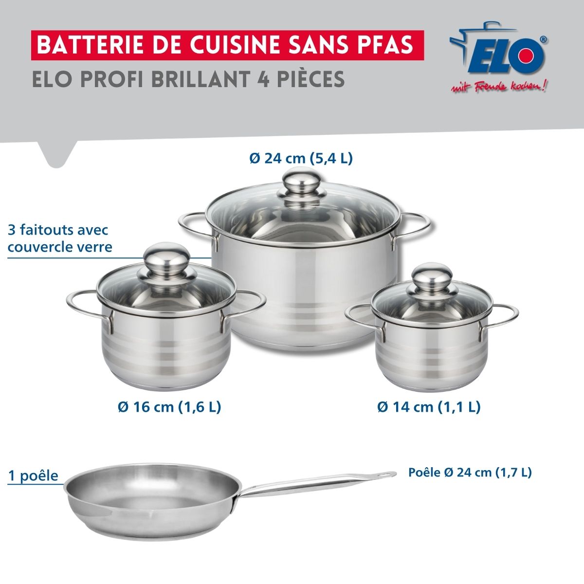 Ensemble de 1 Poêle de cuisson 24 cm et 3 faitouts 14, 16 et 24 cm  Profi Brillant Elo - Mathon - 2