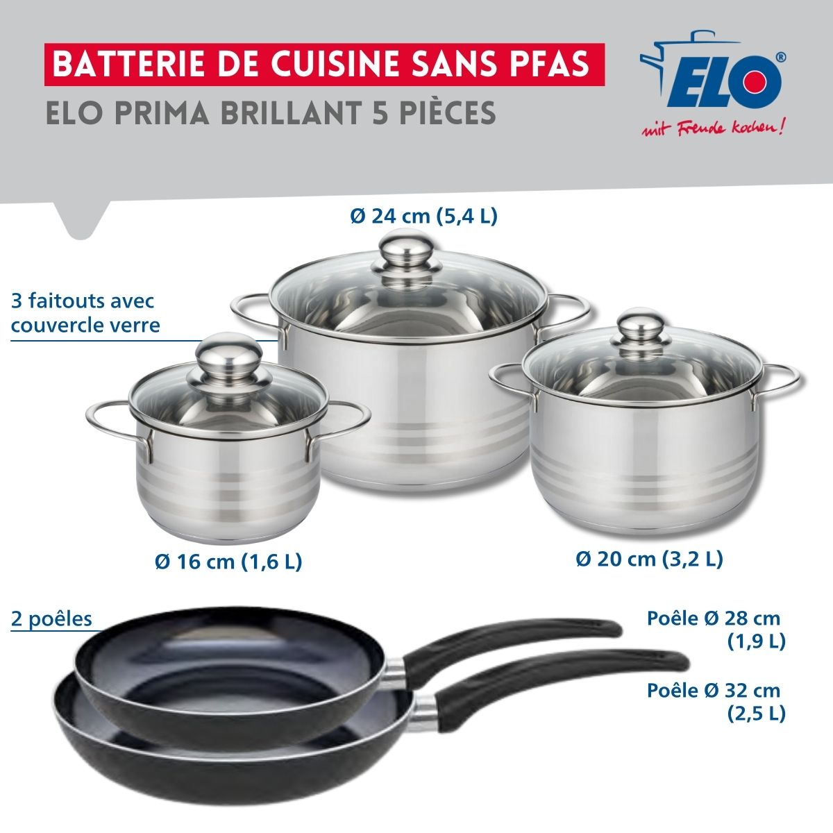 Ensemble de 2 Poêles de cuisson 28 et 32 cm et 3 faitouts 16, 20 et 24 cm  Prima Brillant Elo - Mathon - 2