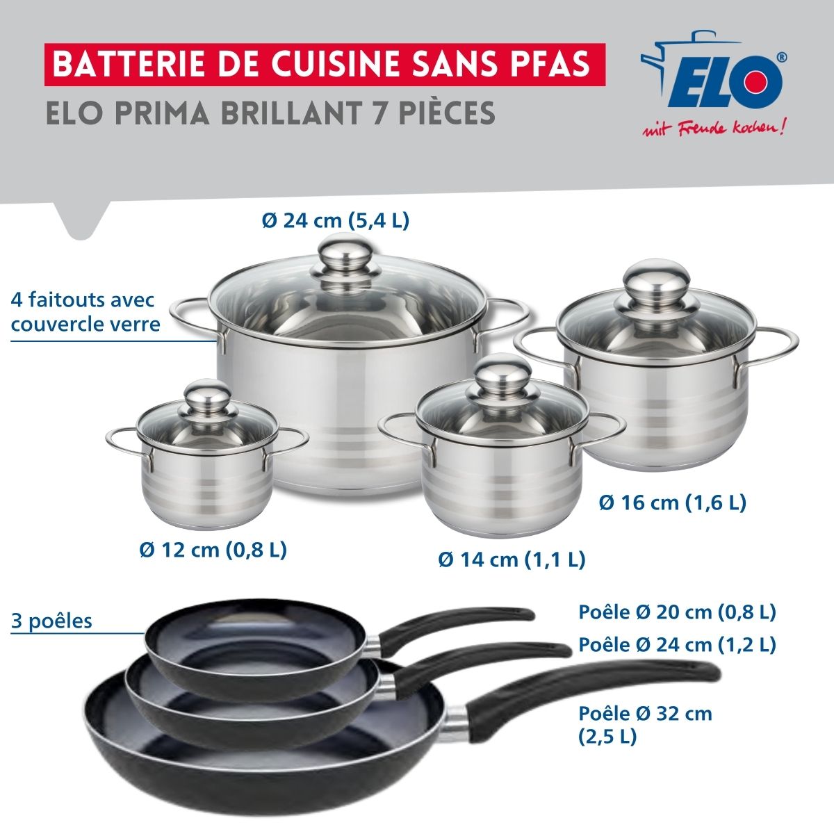 Ensemble de 3 Poêles de cuisson 20, 24 et 32 cm et 4 faitouts 12, 14, 16 et 24 cm  Prima Brillant Elo - Mathon - 2