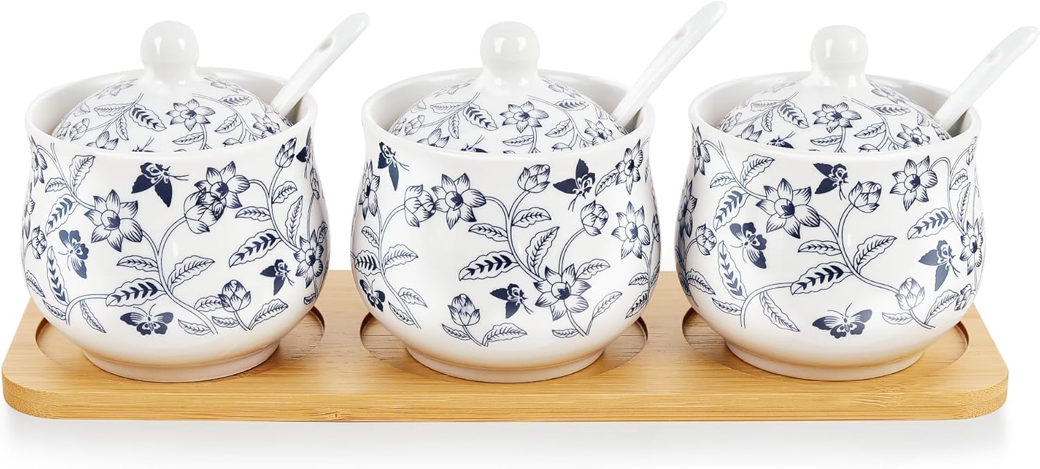 Set de 3 Pots à Épices en Porcelaine Fleurs Bleues 200 ml Vendos85 - Mathon