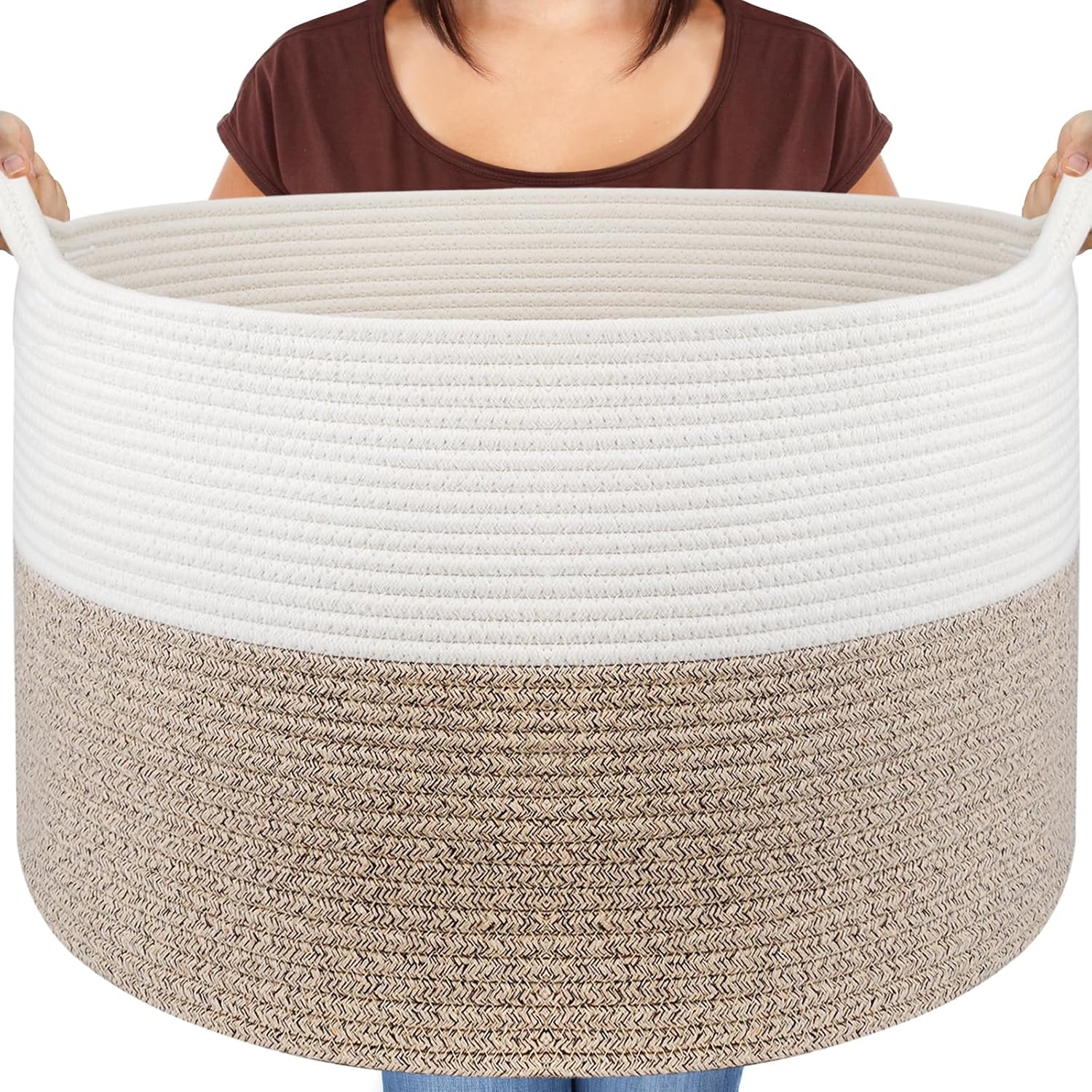 Panier à linge XXXL en coton Blanc/Marron pliable Vendos85 - Mathon