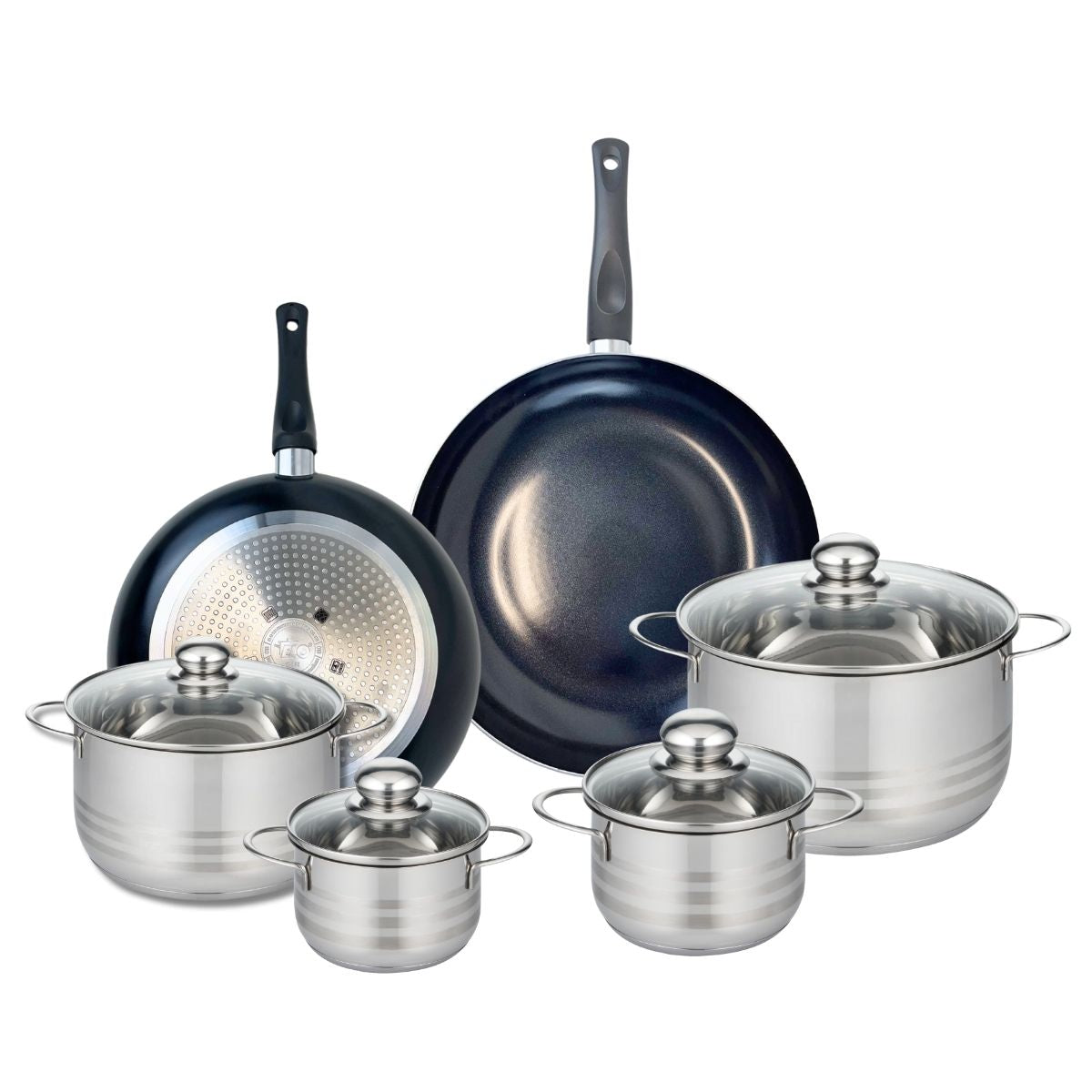 Ensemble de 2 Poêles de cuisson 28 et 32 cm et 4 faitouts 14, 16, 20 et 24 cm  Prima Brillant Elo - Mathon - 1