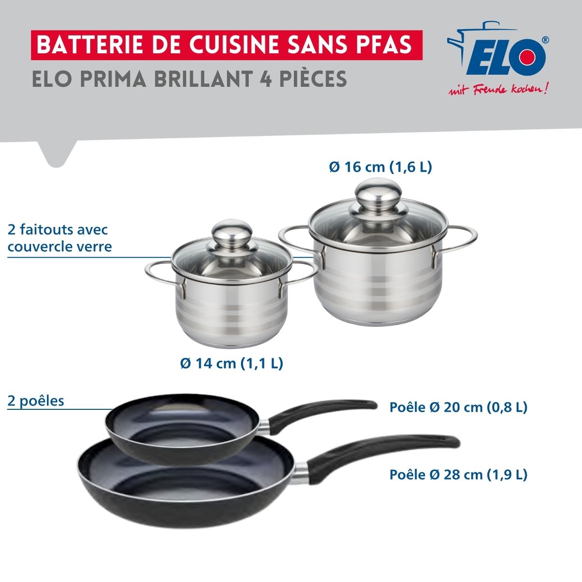 Ensemble de 2 Poêles de cuisson 20 et 28 cm et 2 faitouts 14 et 16 cm  Prima Brillant Elo - Mathon - 2