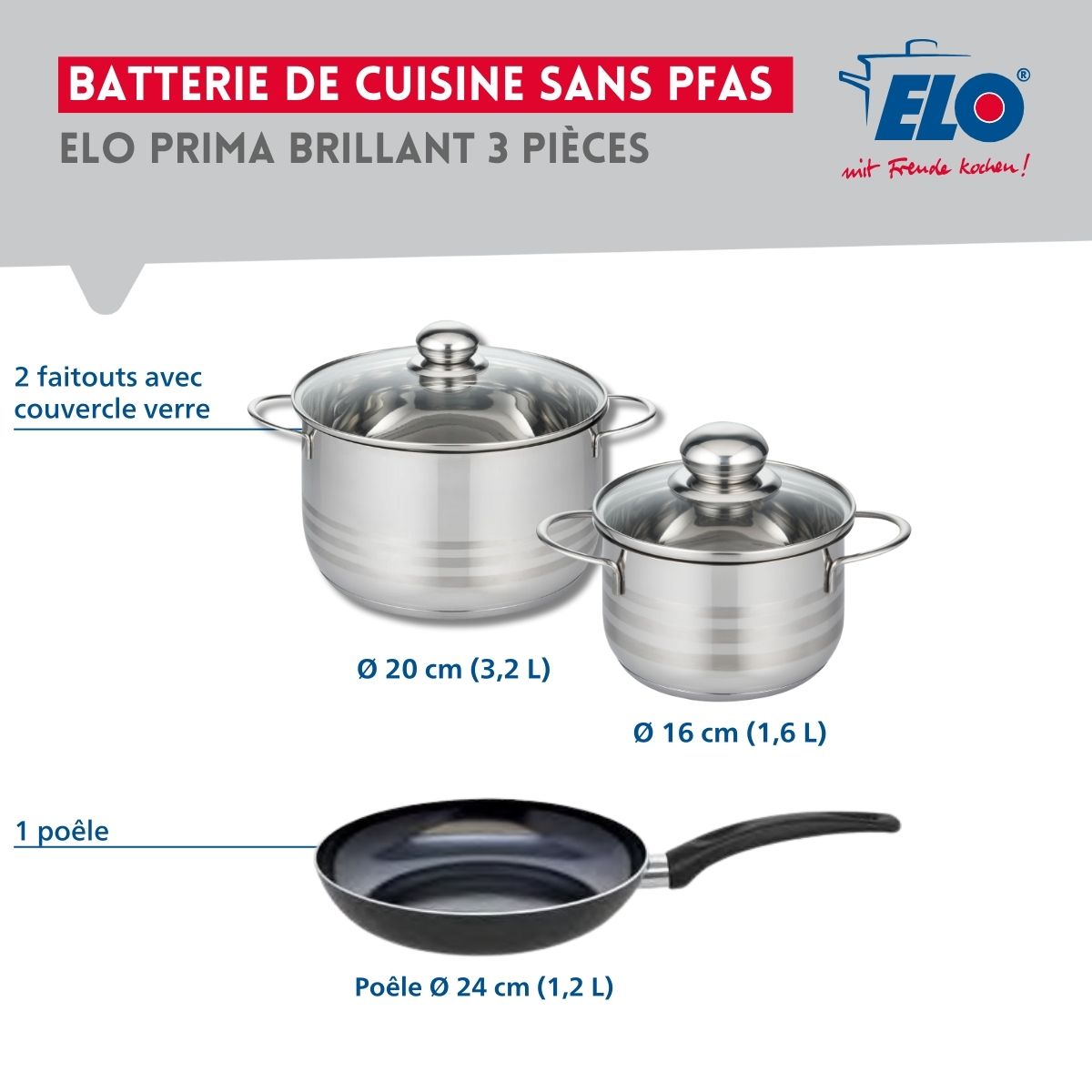 Ensemble de 1 Poêle de cuisson 24 cm et 2 faitouts 16 et 20 cm  Prima Brillant Elo - Mathon - 2