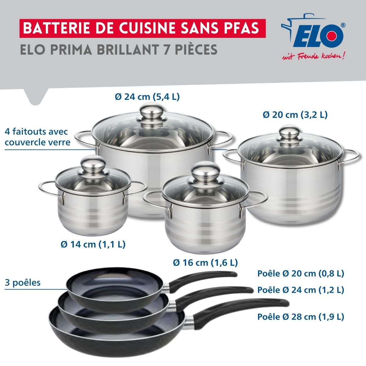 Ensemble de 3 Poêles de cuisson 20, 24 et 28 cm et 4 faitouts 14, 16, 20 et 24 cm  Prima Brillant Elo - Mathon - 2