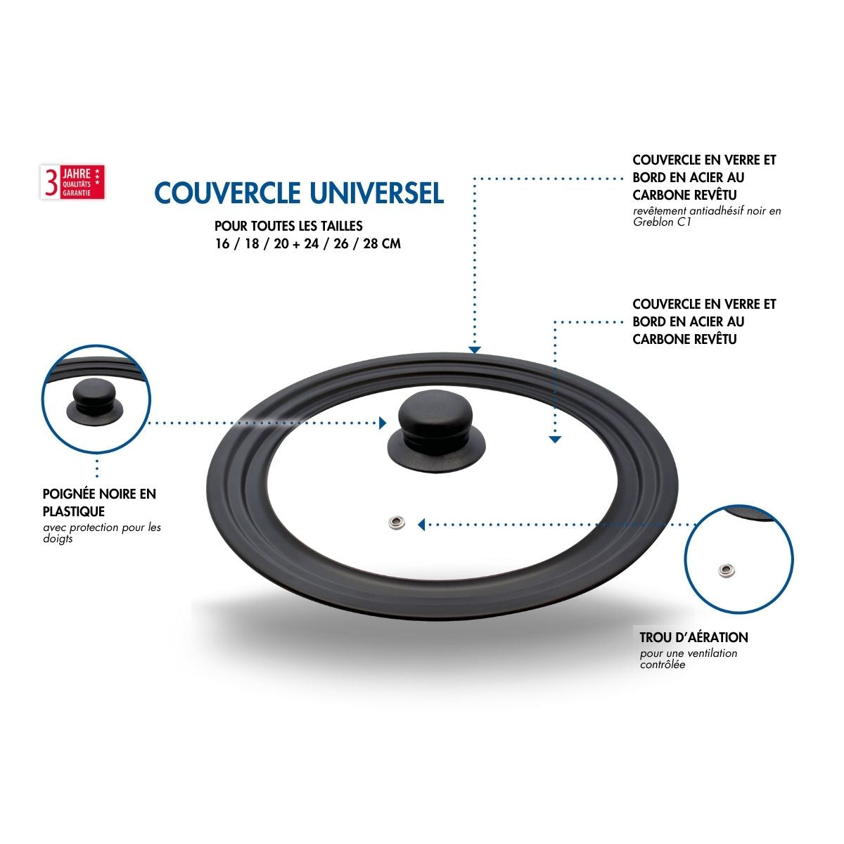 Couvercle de cuisson 16/18/20 cm en verre et acier carbone pour poêles Elo - Mathon - 4