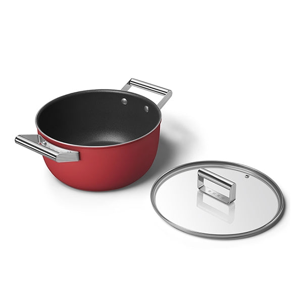 Faitout bas aluminium antiadhésif 24 cm rouge mat avec couvercle verre trempé Smeg - Mathon - 3