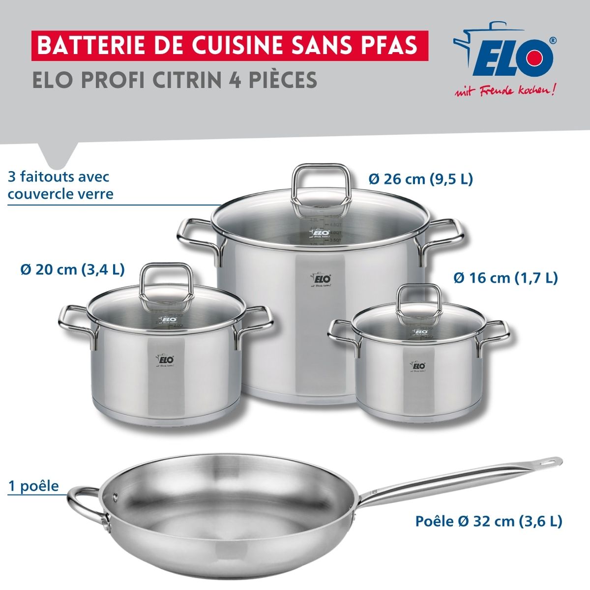 Set de 1 Poêle de cuisson 32 cm et 3 faitouts 16, 20 et 26 cm  Profi Citrin Elo - Mathon - 2