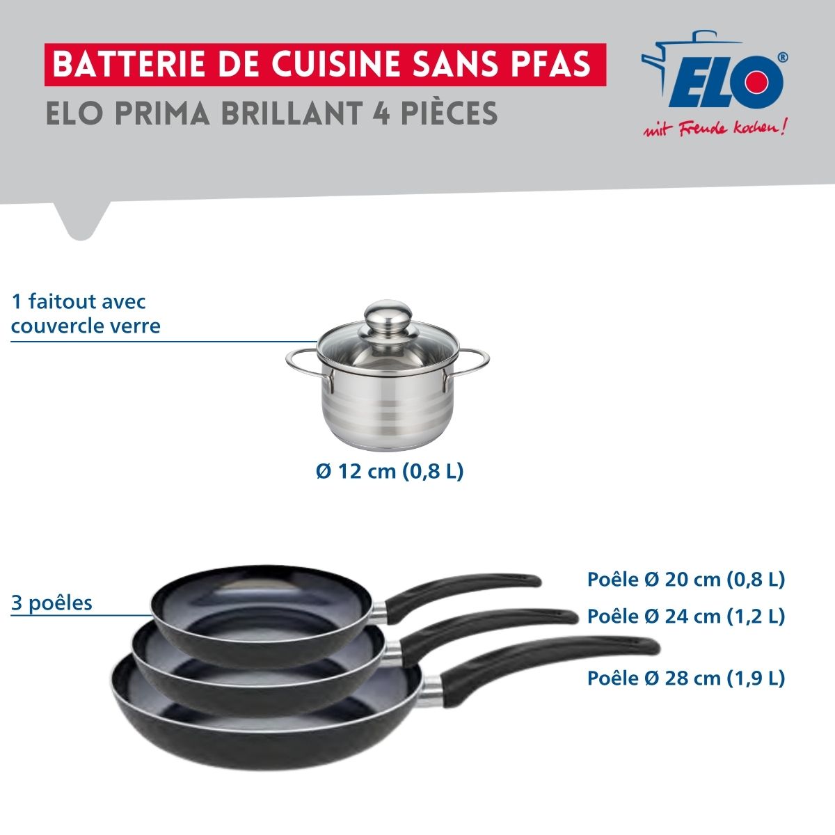 Ensemble de 3 Poêles de cuisson 20, 24 et 28 cm et 1 faitout 12 cm  Prima Brillant Elo - Mathon - 2