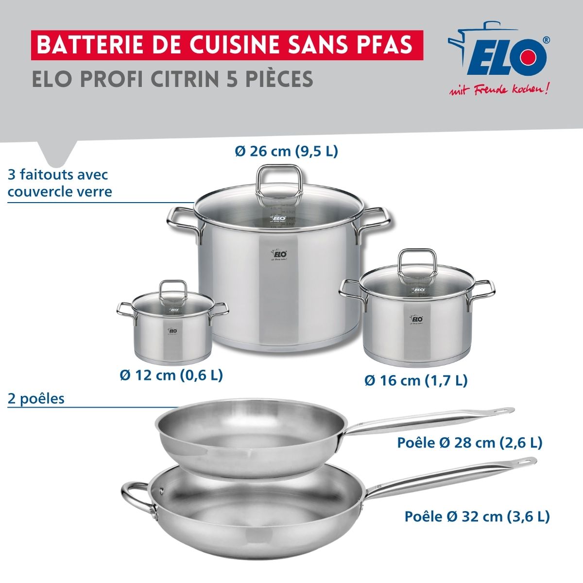 Ensemble de 2 Poêles de cuisson 28 et 32 cm et 3 faitouts 12, 16 et 26 cm  Profi Citrin Elo - Mathon - 2