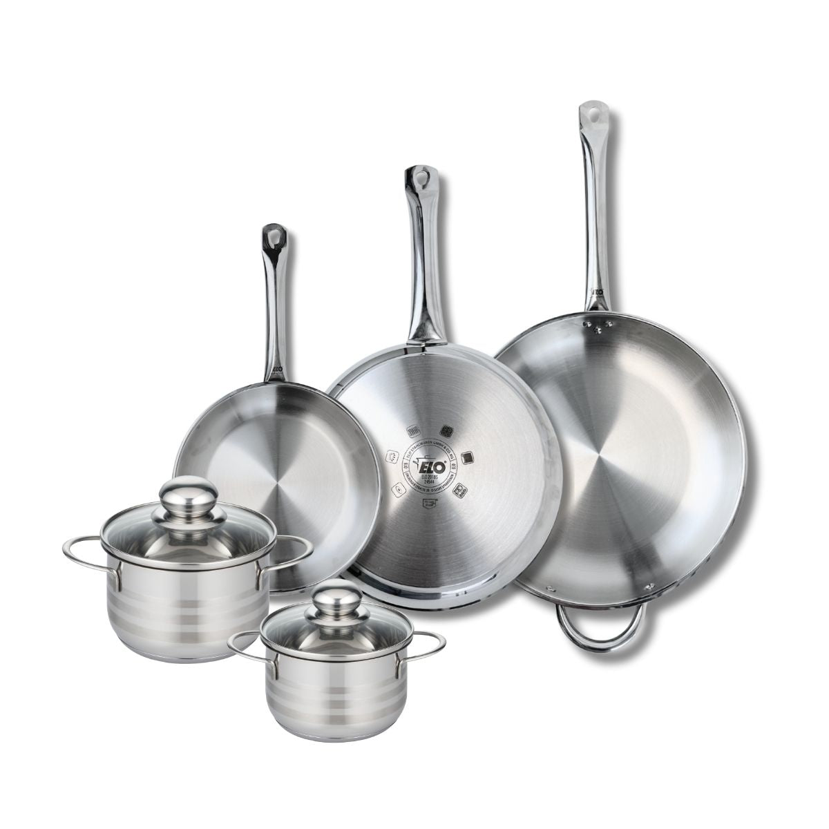 Ensemble de 3 Poêles de cuisson 24, 28 et 32 cm et 2 faitouts 14 et 16 cm  Profi Brillant Elo - Mathon - 1