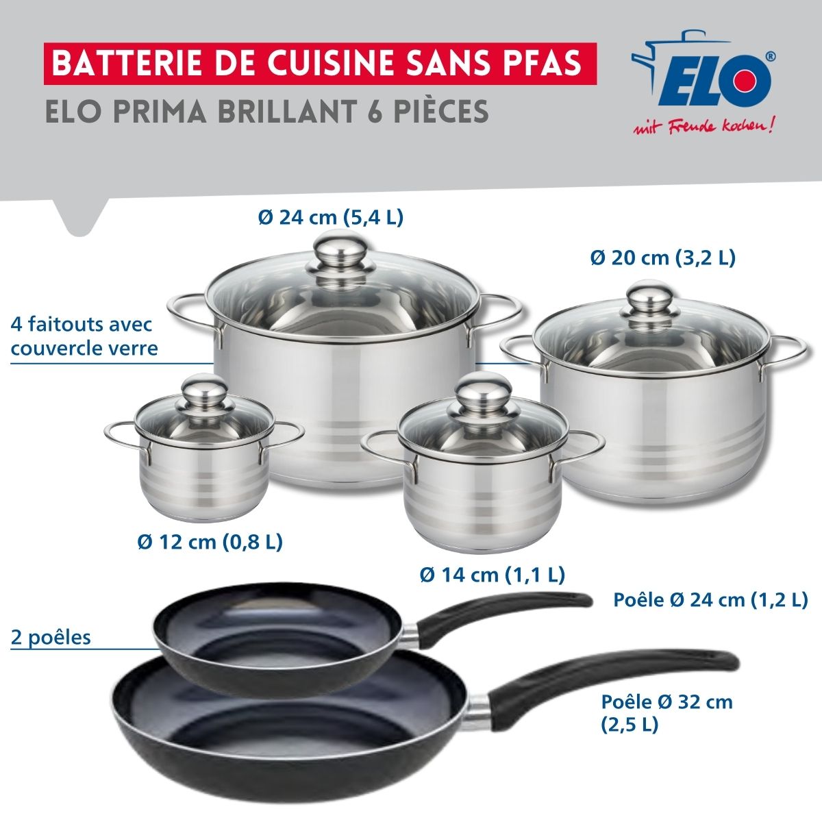 Ensemble de 2 Poêles de cuisson 24 et 32 cm et 4 faitouts 12, 14, 20 et 24 cm  Prima Brillant Elo - Mathon - 2