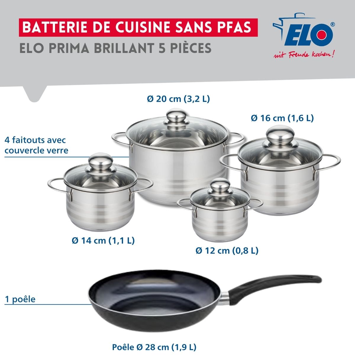 Ensemble de 1 Poêle de cuisson 28 cm et 4 faitouts 12, 14, 16 et 20 cm  Prima Brillant Elo - Mathon - 2