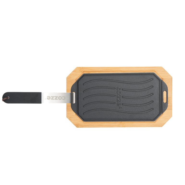 Plaque en fonte avec plateau en bois, poignée amovible en acier inoxydable finition mate 33 x 16.5 cm Cozze - Mathon - 1