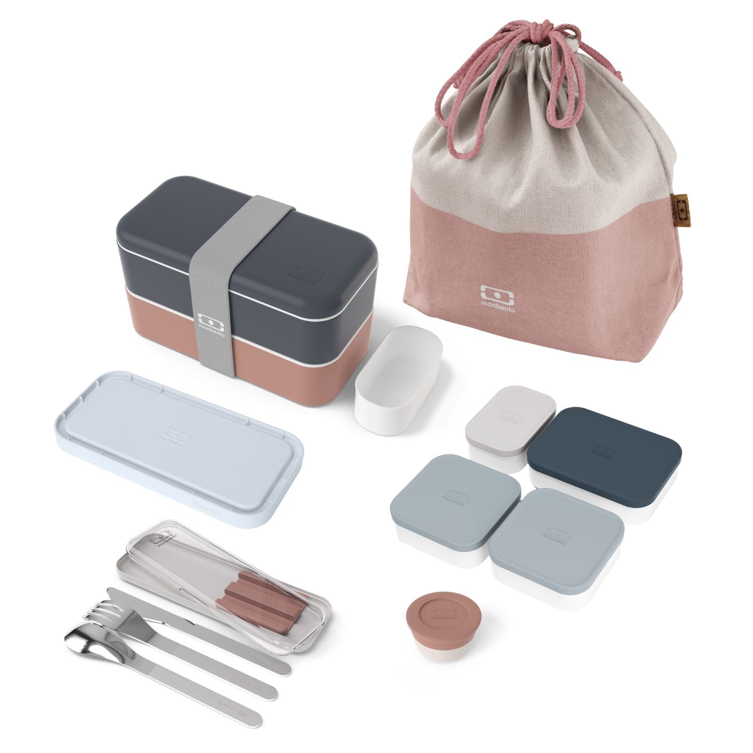Set repas complet lunch box 2 étages 1L bleu/rose + accessoires Monbento - Mathon - 1