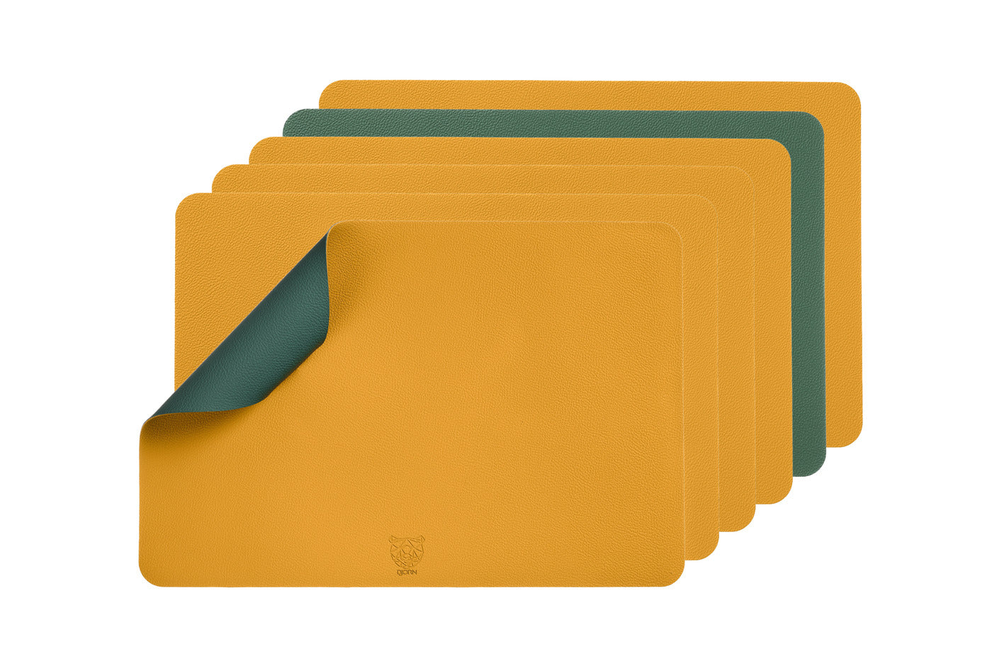 Set de table rectangulaire réversible - 6 pièces - Cuir recyclé jaune moutarde et vert sapin Björn - Mathon - 1