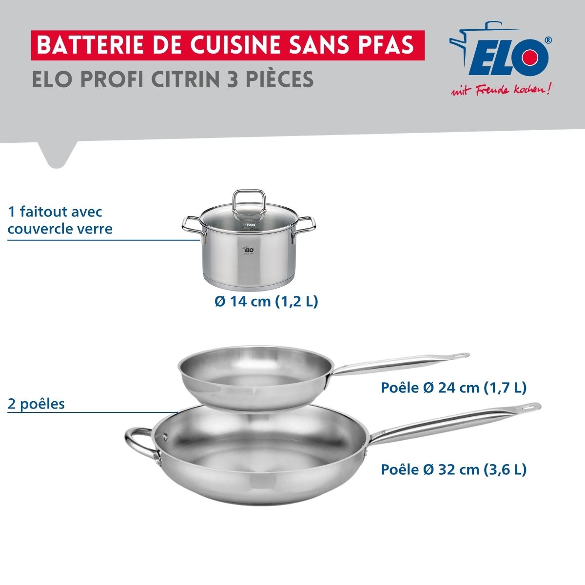 Ensemble de 2 Poêles de cuisson 24 et 32 cm et 1 faitout 14 cm  Profi Citrin Elo - Mathon - 2