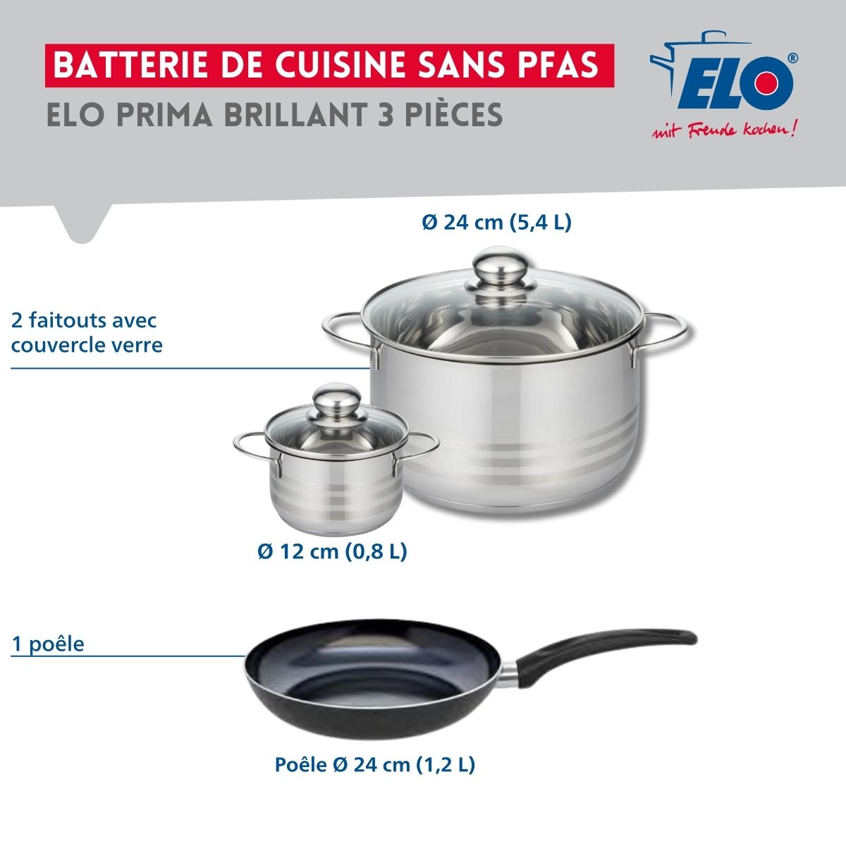 Ensemble de 1 Poêle de cuisson 24 cm et 2 faitouts 12 et 24 cm  Prima Brillant Elo - Mathon - 2