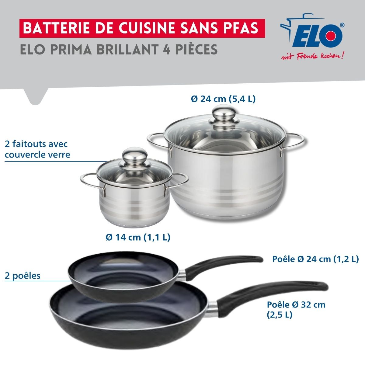 Ensemble de 2 Poêles de cuisson 24 et 32 cm et 2 faitouts 14 et 24 cm  Prima Brillant Elo - Mathon - 2