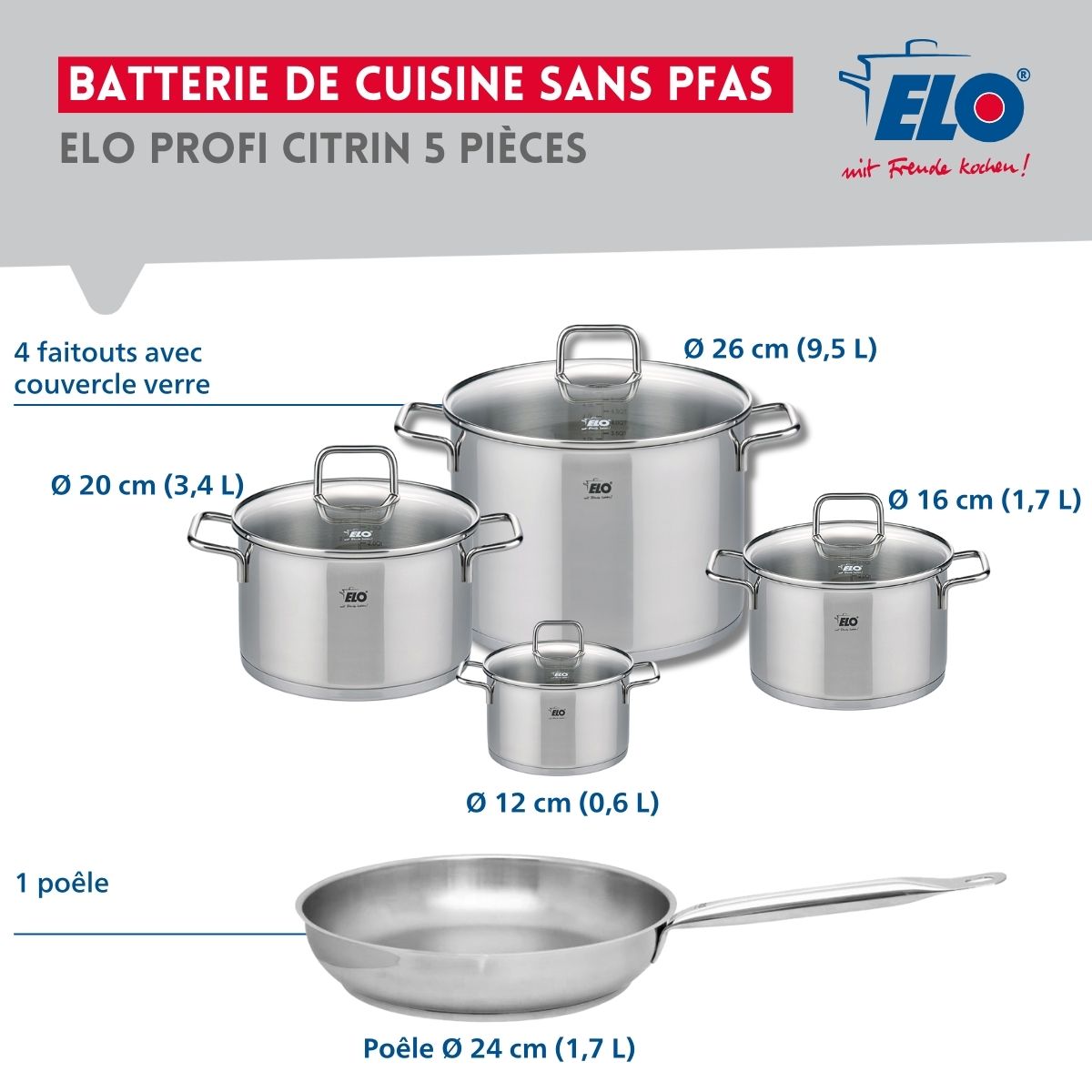 Ensemble de 1 Poêle de cuisson 24 cm et 4 faitouts 12, 16, 20 et 26 cm  Profi Citrin Elo - Mathon - 2