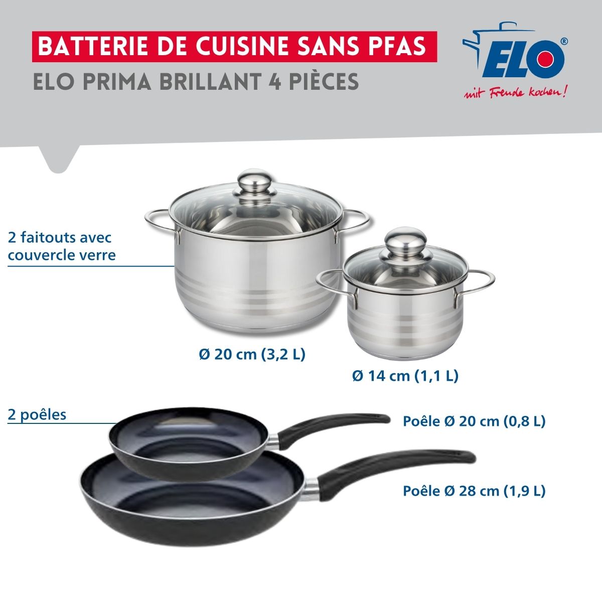 Ensemble de 2 Poêles de cuisson 20 et 28 cm et 2 faitouts 14 et 20 cm  Prima Brillant Elo - Mathon - 2
