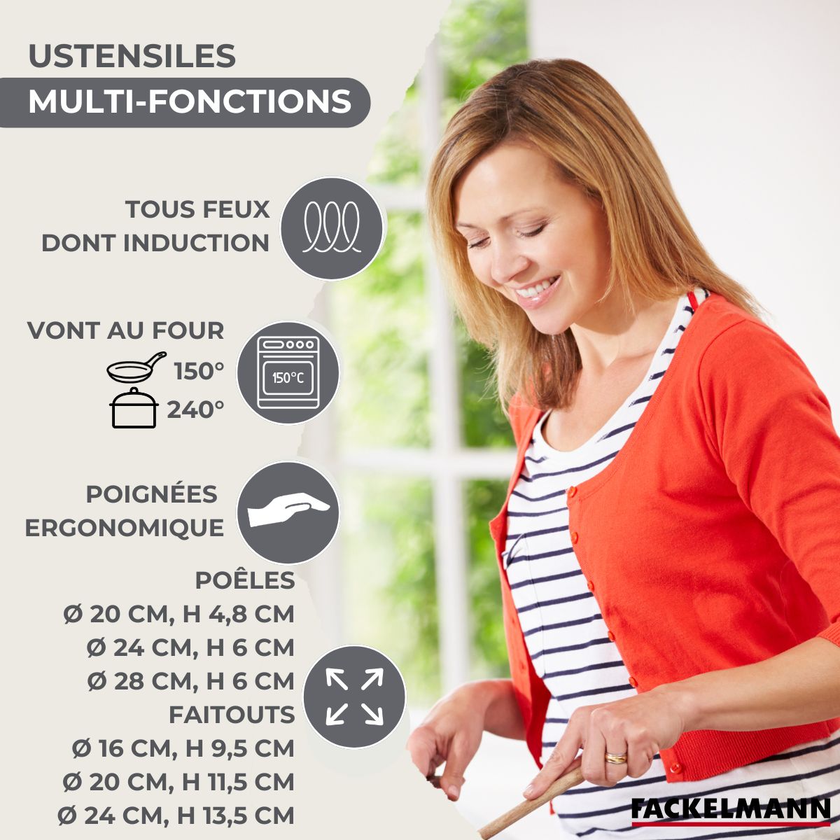 Set de 3 poêles 20, 24 et 28 cm en inox et 3 faitouts inox 16, 20 et 24 cm  Geneva Fackelmann - Mathon - 3