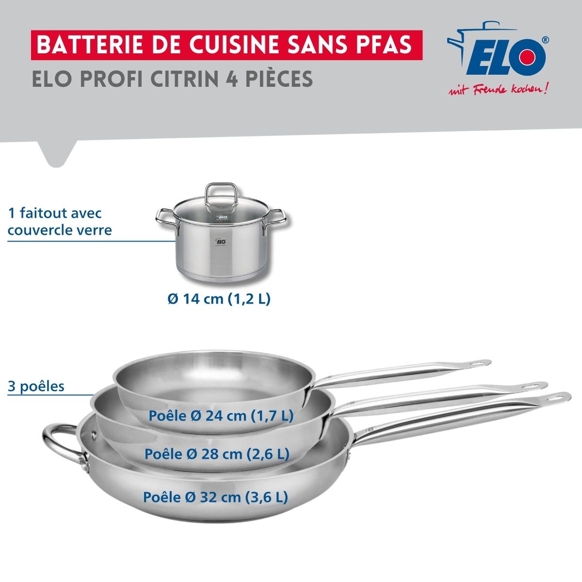 Ensemble de 3 Poêles de cuisson 24, 28 et 32 cm et 1 faitout 14 cm  Profi Citrin Elo - Mathon - 2