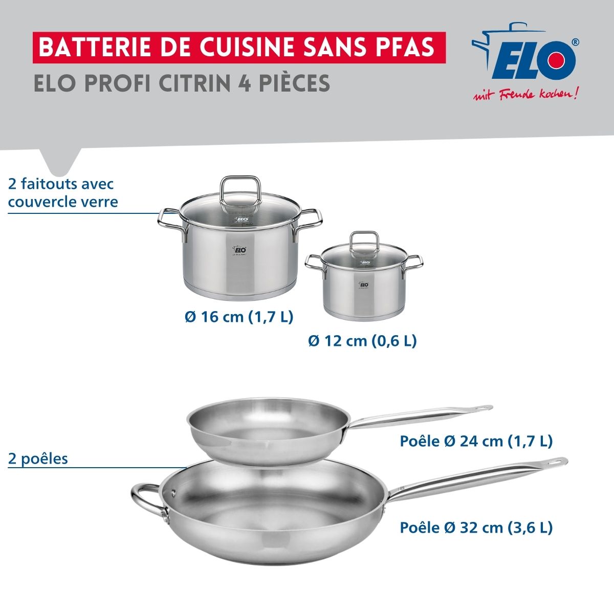 Ensemble de 2 Poêles de cuisson 24 et 32 cm et 2 faitouts 12 et 16 cm  Profi Citrin Elo - Mathon - 2